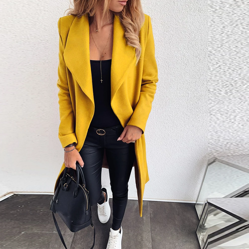Women Long Sleeve Turn-Down Collar Coat Autumn Winter Warm Soft Slim Belt Robe Pocket Overcoat Casual Thick Coat Plus Size