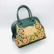 Китайский винтажный стиль, натуральная коровья кожа, с гравировкой, Женский Зеленый Кошелек, ручная работа, Женская Портативная сумка, женская сумка с верхней ручкой
