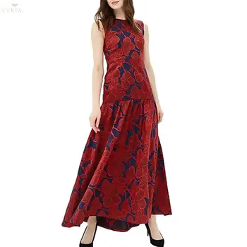 

Long Dresses Vintage Printed Slim Floral Dress O-neck Sleeveless Female Robe Party Dress Casual Patchwork Fashion Womens Dresses