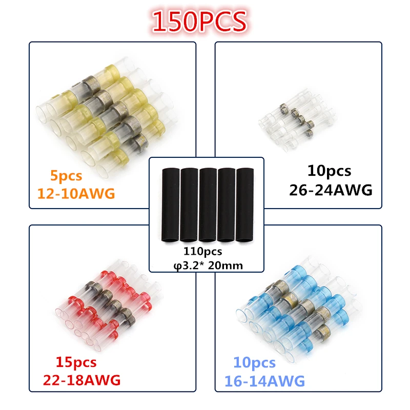150 шт изолированный провод соединитель термоусадочные пайки терминалы термоусадочные трубки ассортимент+ Водонепроницаемый припой рукав трубки