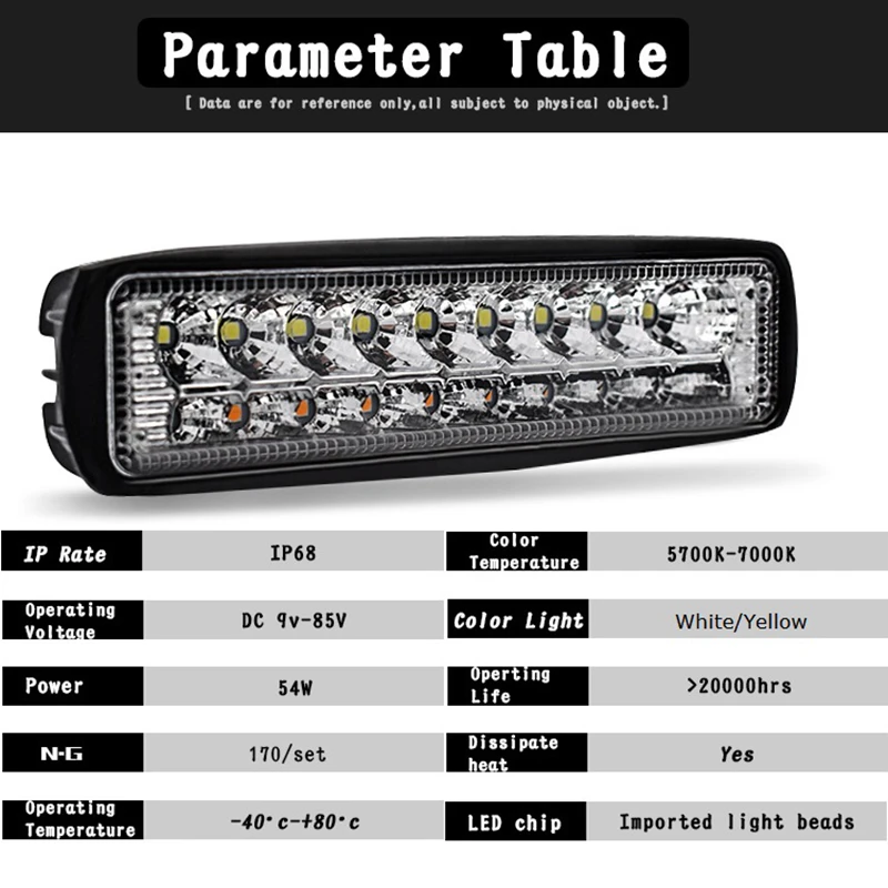 54 Вт Dual Цвета светодиодный рабочий светильник бар белого и желтого цвета комбинированного луча дальнего света головной светильник лампы Светодиодный прожектор светильник спот 12V Янтарная туман светильник в байкерском стиле