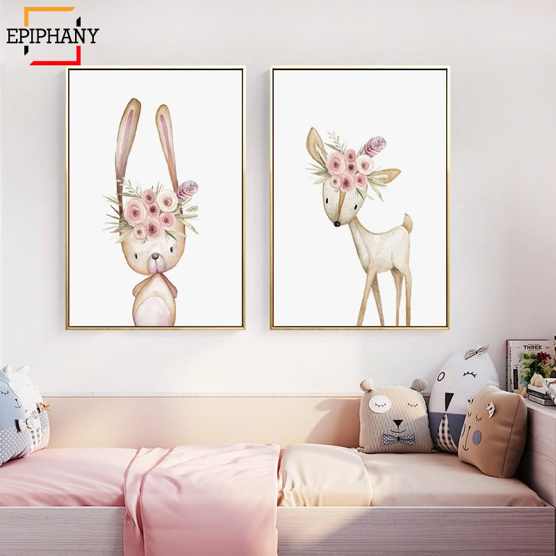 Лесной Зверюшка декор кролик лиса олень цветок Холст Картина аниме постер
