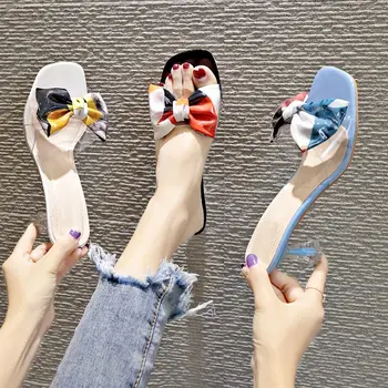 

Women's Shoes Summer Slippers PVC Transparent Mid Heels Woman Slides Butterfly-Knot Open Toes Ladies Casual Fashion Shoes New