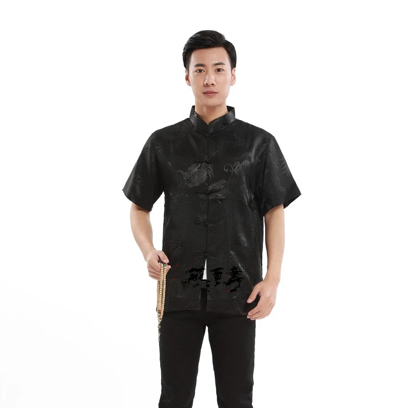 Новогодняя традиционная китайская одежда для мужчин, топы с принтом дракона, короткий рукав, атласный костюм в китайском стиле, Модная стильная одежда для взрослых - Цвет: Black