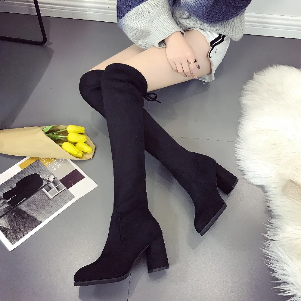 Женские эластичные ботфорты до бедра из искусственной замши пикантные модные Ботфорты черные женские туфли на высоком каблуке