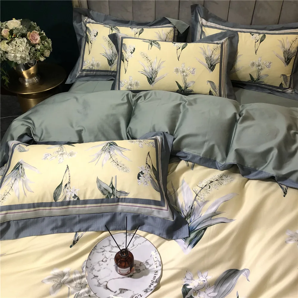 Комплект постельного белья из египетского хлопка, 4 шт., 100 S, постельное белье King size, сатиновые простыни, двуспальные пододеяльники, комплекты постельного белья с зелеными листьями