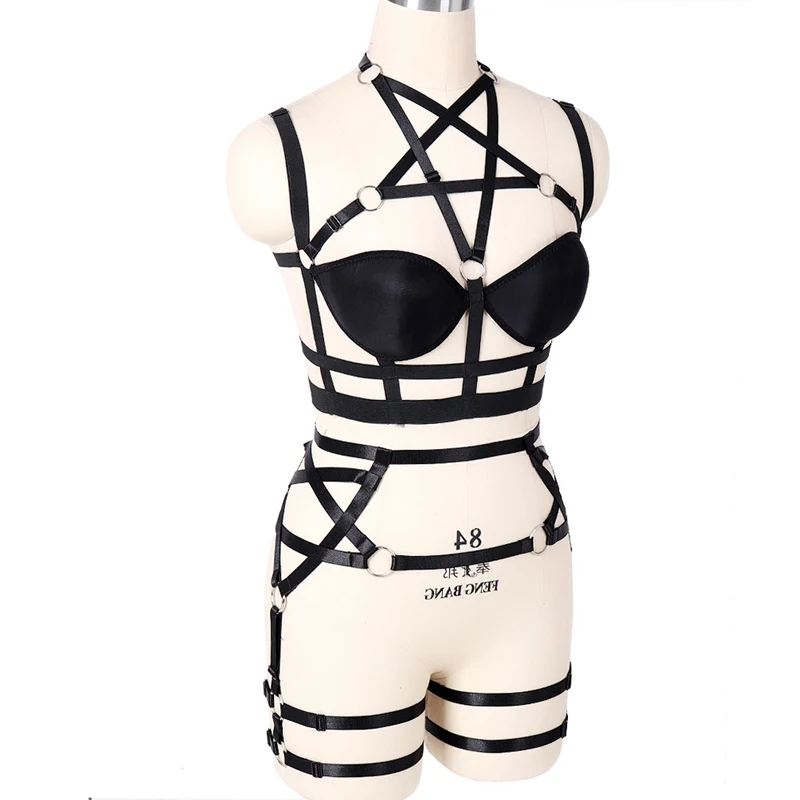 Bra Harness Set Pentagram Tops Caged Garter Belt Waist Suspender Party Dance Punk Strappy Lingerie Hollow Out Plus Size Elastic