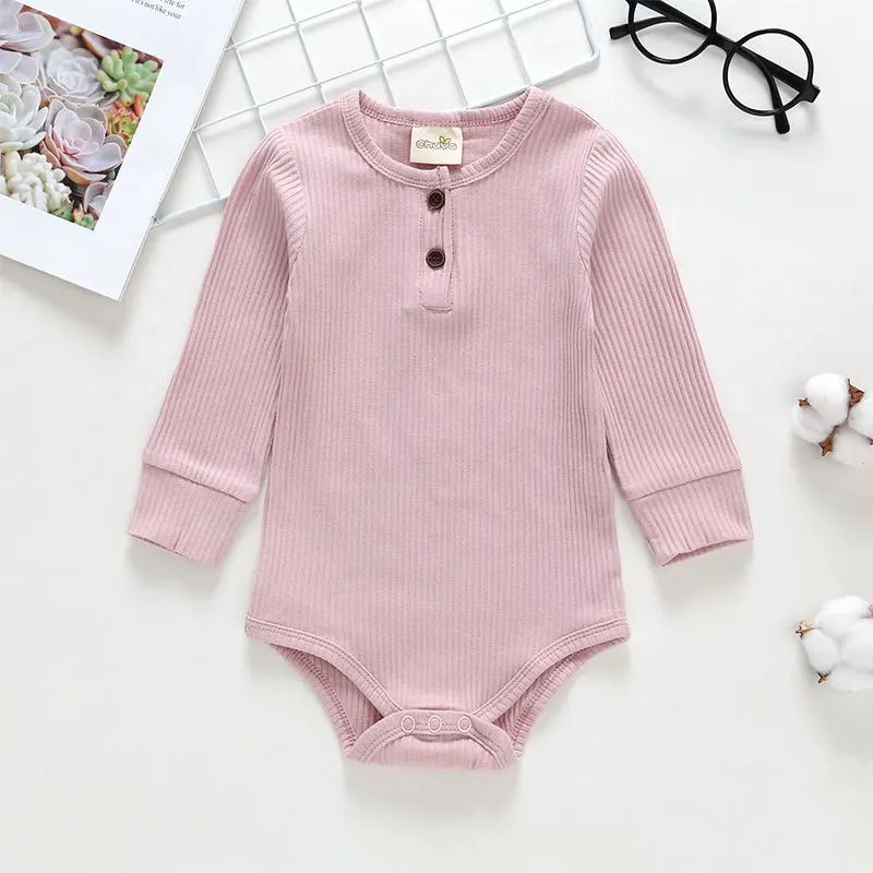 Комбинезон для новорожденных мальчиков от 0 до 18 месяцев, весенне-осенняя одежда для маленьких девочек мягкий хлопковый комбинезон в рубчик с длинными рукавами для младенцев - Цвет: 2-Pink