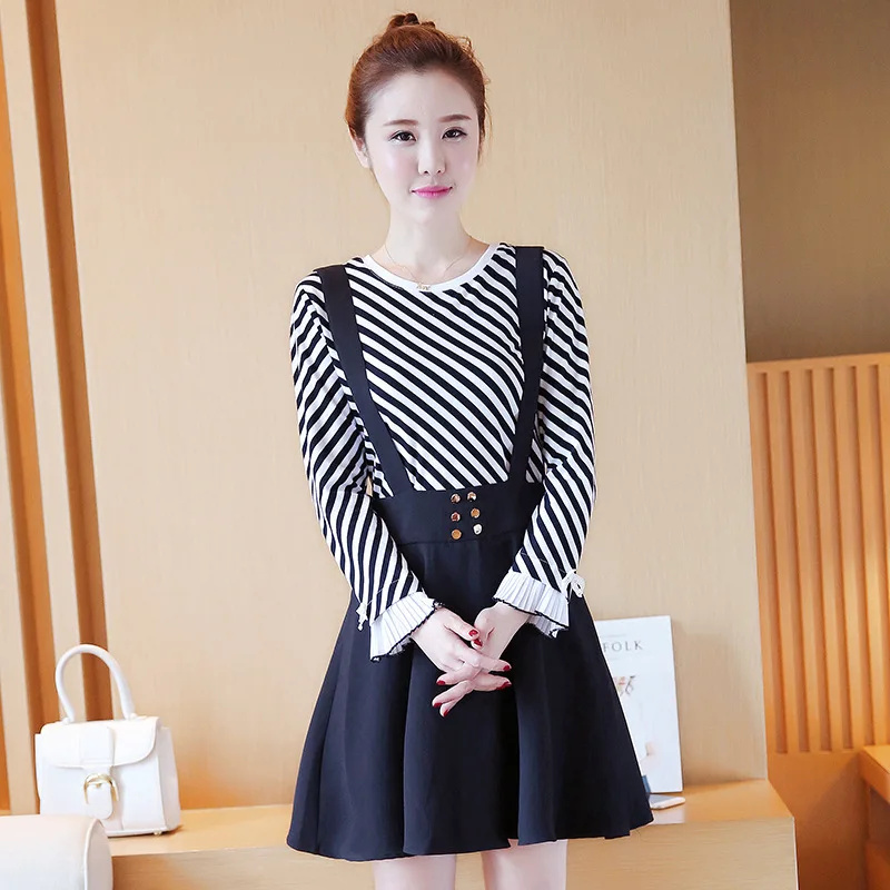 

2017 Spring Clothing New Style Korean-style Students Long Sleeve Striped Shirt + Suspender Skirt Two-Piece Set Women's Fashion