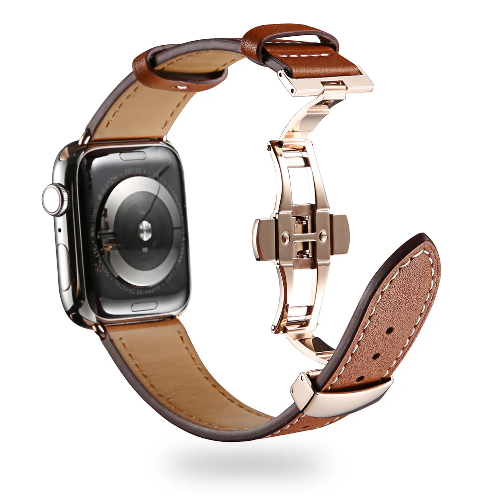 Кожаный ремешок для наручных часов Apple watch, версии 4 44 мм 40 мм aplle часы correa, 42 мм, 38 мм, для iwatch, версия 4/3/2/1 наручные часы для развертываемая застежка - Цвет ремешка: Коричневый