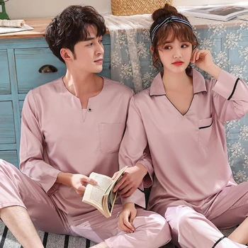 

Pajamas Set Spring Autumn New Thin Nightwear Silk-like Long Sleeve Sleepwear Casual Loose Homewear Men And Women Pyjamas