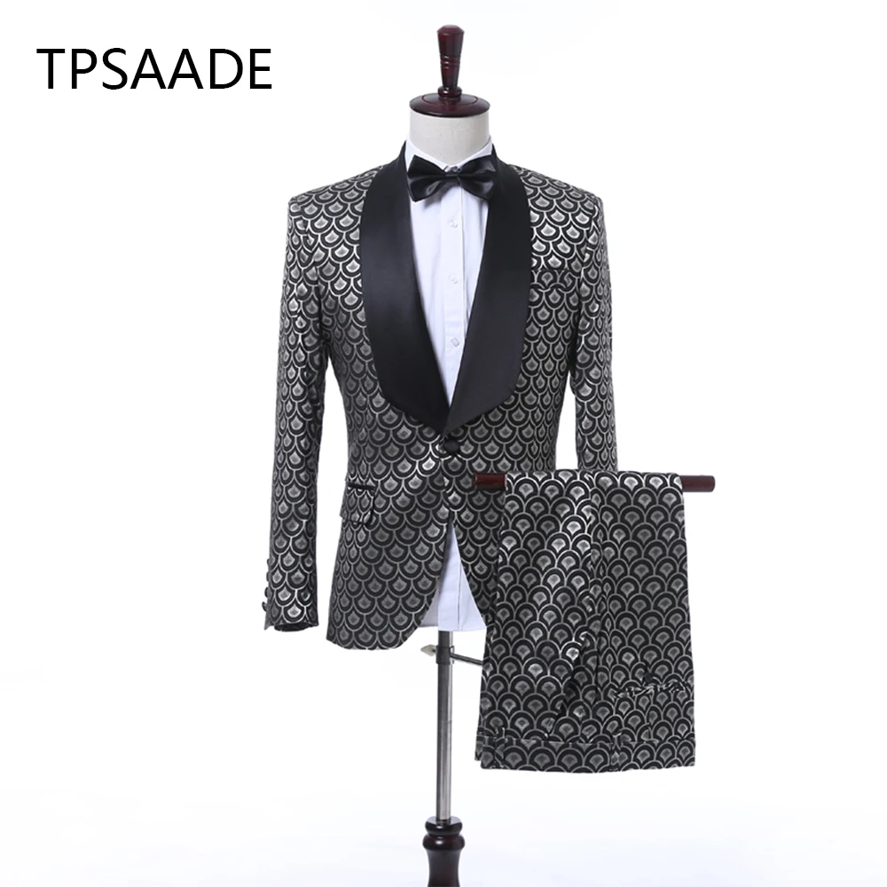 

2 шт. Свадебные смокинги для жениха серебристо-серый узор приталенный мужской костюм s пиджак брюки Блестящий блейзер мужской костюм
