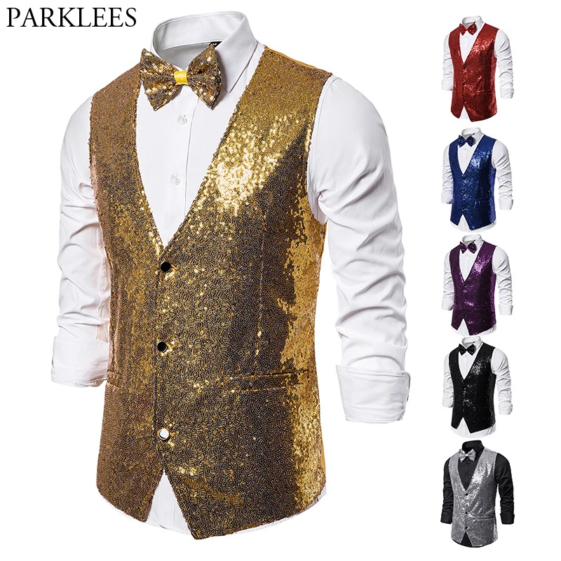 Shiny Gold Sequin Sparkling Waistcoat Men Slim Fit V Neck 2 Pieces Mens Vest with Bowtie Wedding Party Stage Prom Costume Gilet