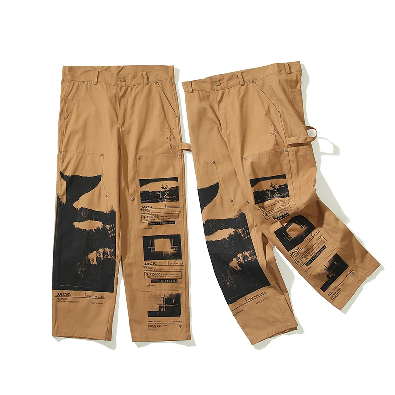 Urban Street Cactus Jack Khaki Cargo Trousers Men Women Hip Hop Patch Printed Casual Straight Cargo Pant Travis Scott 2021 cotton track pants