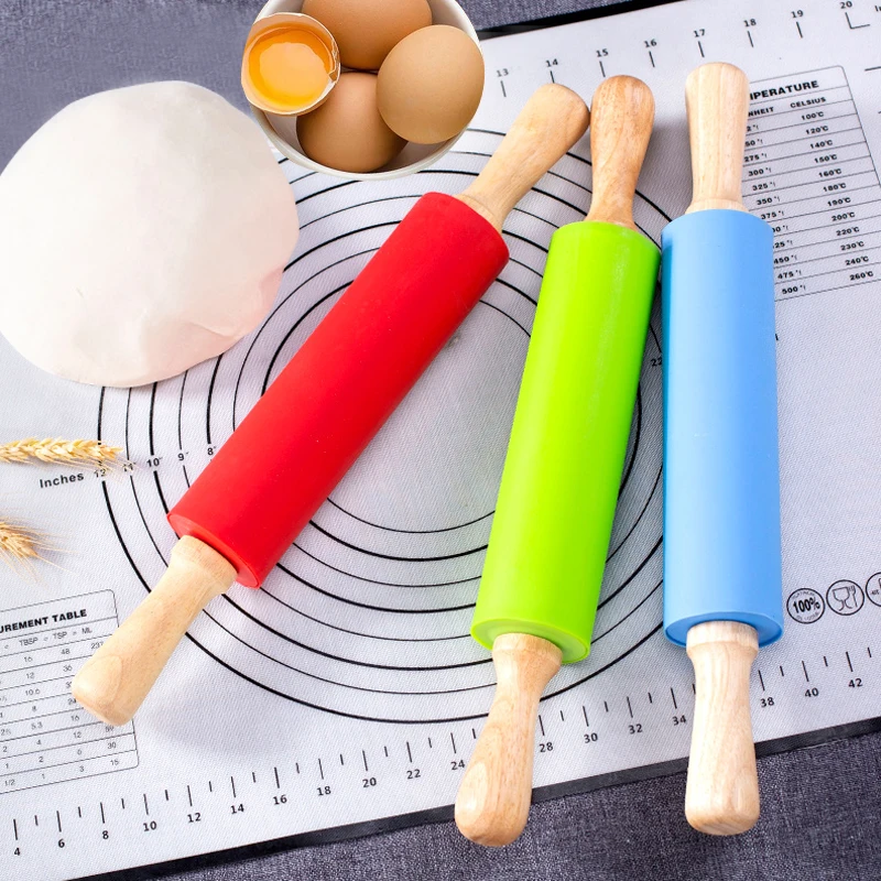 Silicone Rolling Pin with Wooden Handle 12 Inches Non-Stick Dough Rolling Pin