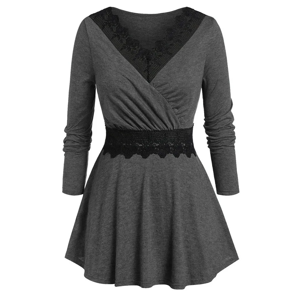 Женские блузки, специальный дизайн, женские, плюс размер, 5XL, одноцветные, v-образный вырез, кружева, Прошитые, с длинным рукавом, приталенная рубашка, блузы, новинка@ 45