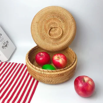 

Round Rattan Tea Storage Box Lid Fruit Snack Organizer Storage Boxs Wicker Baskets Rattan Storage Flower Basket makeup storage