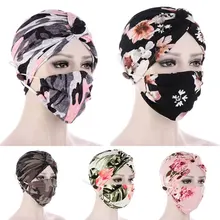 2 Pcs /set Women Turban Head Wrap Hat with Mask Muslim Hijab With Button Scarf Inner Hijab Caps Ladies Islamic Headband