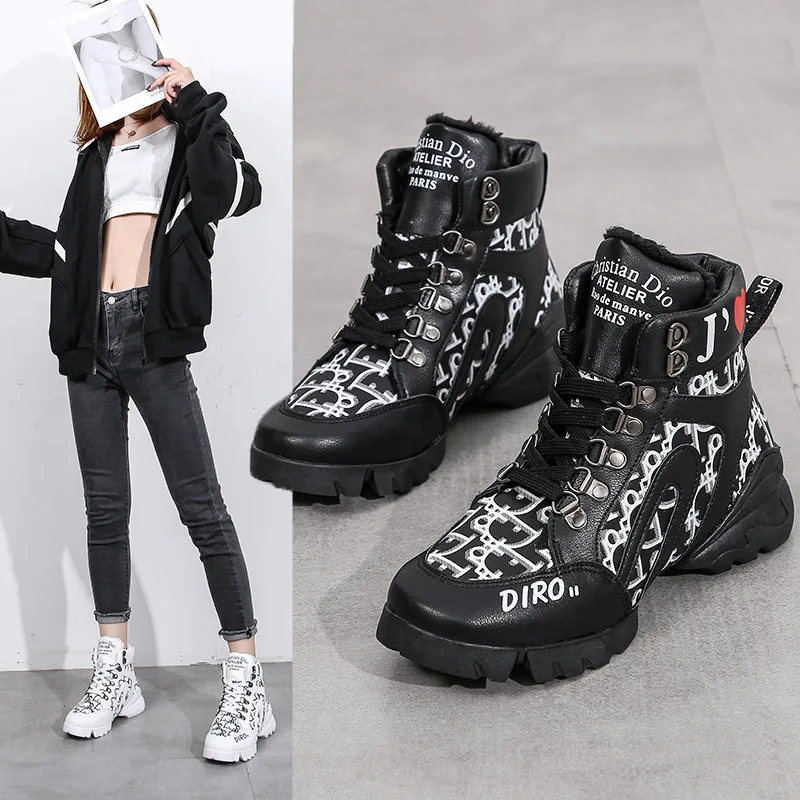

2019 Autumn & Winter New Style Thick Bottomed Platform Martin Boots Versatile British Style Printed Short Boots Lace-up WOMEN'S