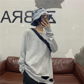 

Net red broken hole bottomed shirt autumn Korean version ins Yuansu funeral department high street top with white Long Sleeve T-