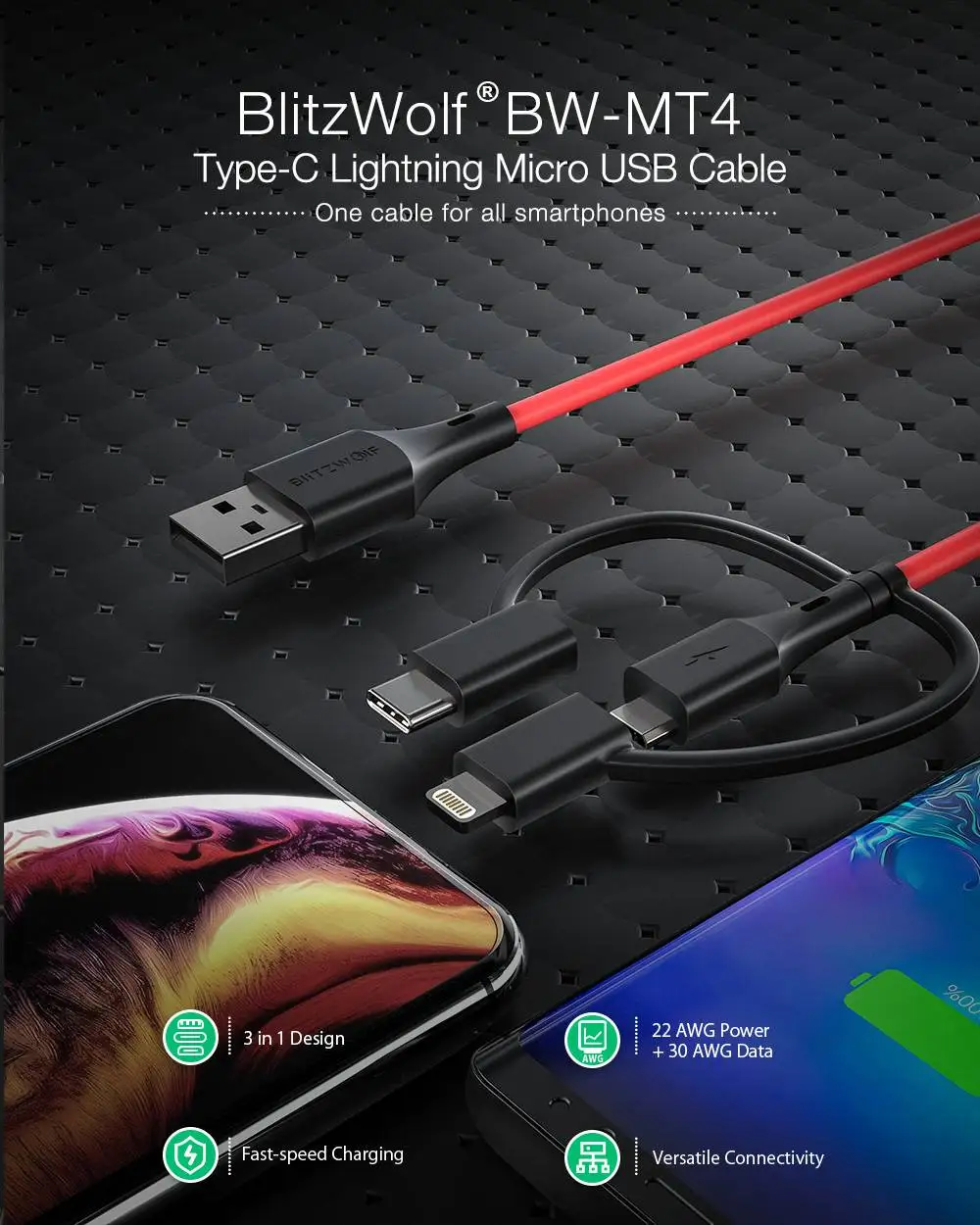 BlitzWolf MT4 3 в 1 type C+ Lightning+ Micro USB кабель для передачи данных с MFI сертифицирован для samsung Xiaomi для iPhone 11 X Max