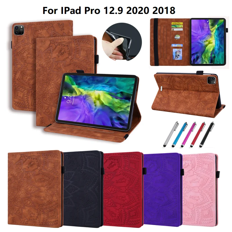 For iPad Pro 2020 Case 12.9 3D Embossed Flower 4th Generation Folding Leather Cover for iPad Pro