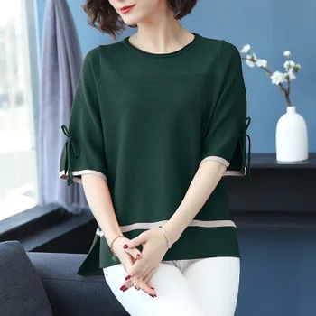

2020 women's solid color sweater five-point sleeve slim knit shirt gray