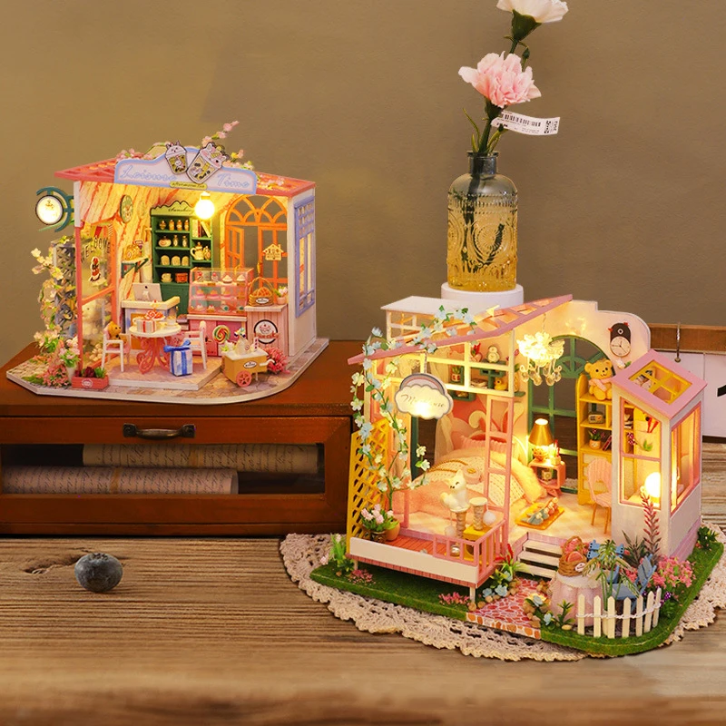 

DIY Dollhouse Casa Miniature Furniture With LED Kit Flower Room Wooden Doll Houses Assemble Toy for Children Christmas Gifts