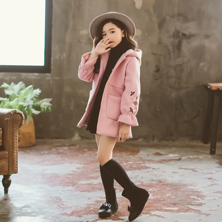 

2020 New Style GIRL'S Woolen Jacket Spring And Autumn Big Boy Hooded Mid-length Korean-style Fashion Thick Embroidery Duffle Coa