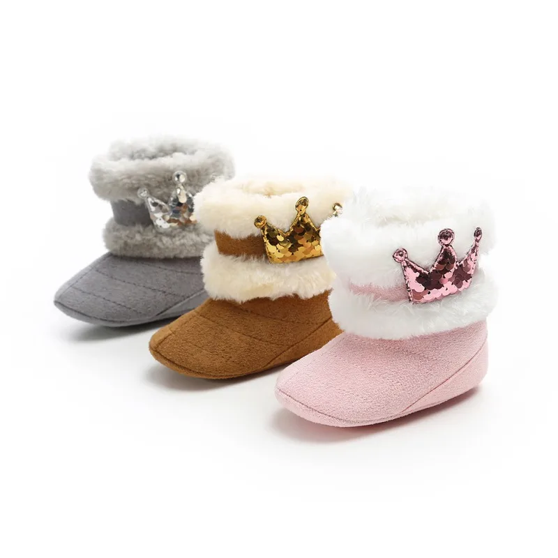 Модная одежда для новорожденного ребенка сапоги для маленьких девочек для детской кроватки обувь Корона ходунков, зимняя теплая детская обувь для принцесс