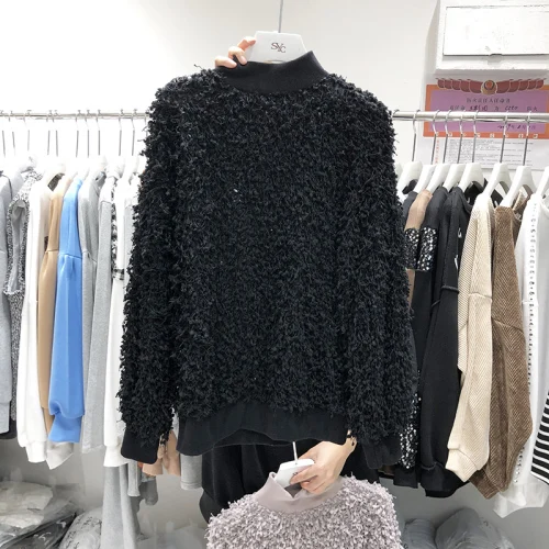 Black Женские зимние пуловеры в Корейском стиле, модные, с помпонами, толстые, свободные, повседневный Топ, Женский пуловер, пальто, толстовка, Женская толстовка - Color: Black