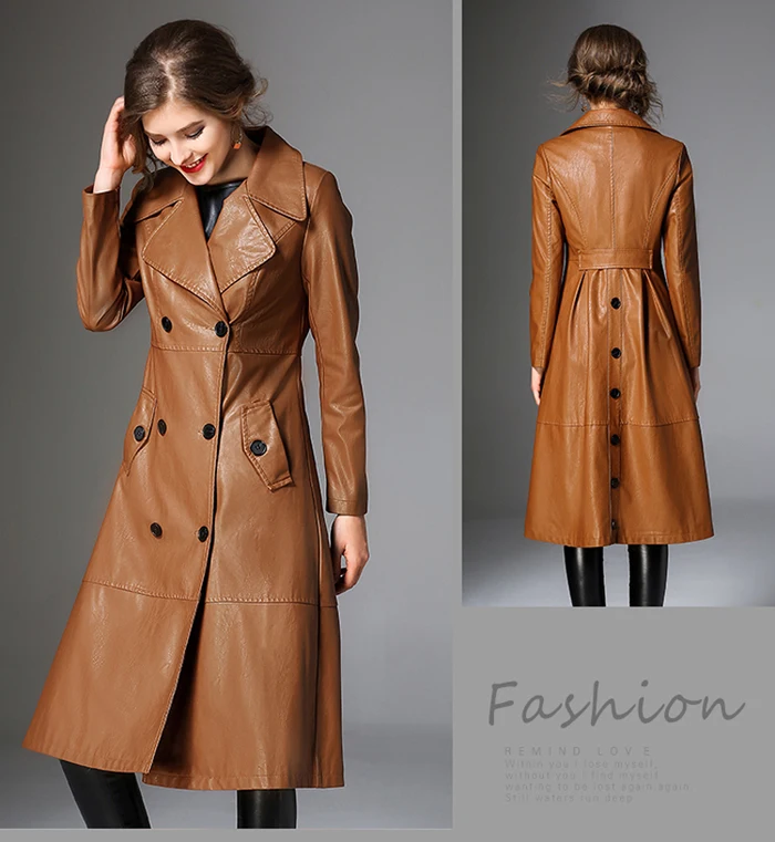 PU Long Leather Trench Coat Women 2019 New Autumn Winter Leather Trench Coat Slim Female Long Coats Plus Size M-3XL Outwear 11