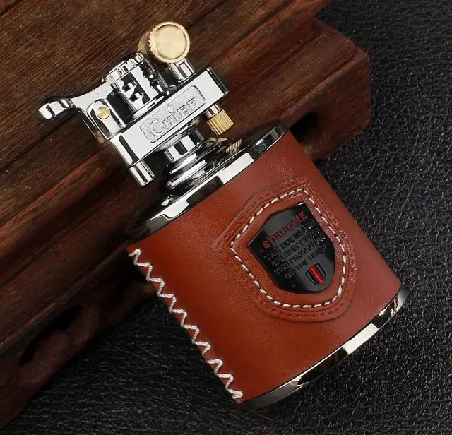 Big Size Metal With Leather Gasoline Cigarette Lighter Grinding Wheel Metal lighter Inflatable Tobacco Kerosene Carving Lighter color5