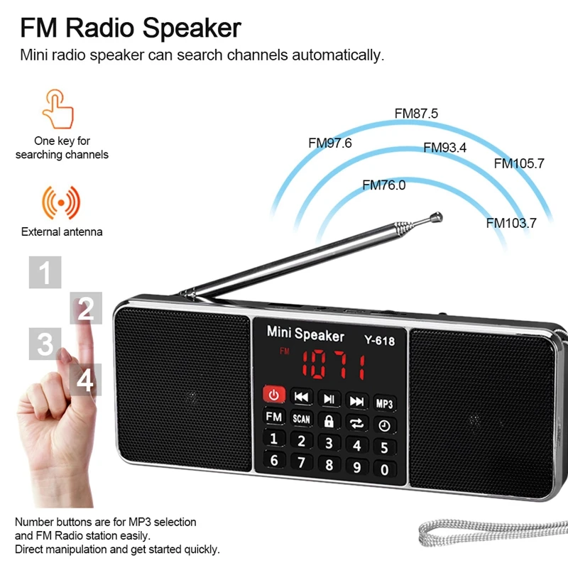 Y-618 мини Fm радио цифровой Портативный двойной 3W старио Динамик Mp3 аудио плеер Высокое качество звука W/2 дюймов Дисплей Scr