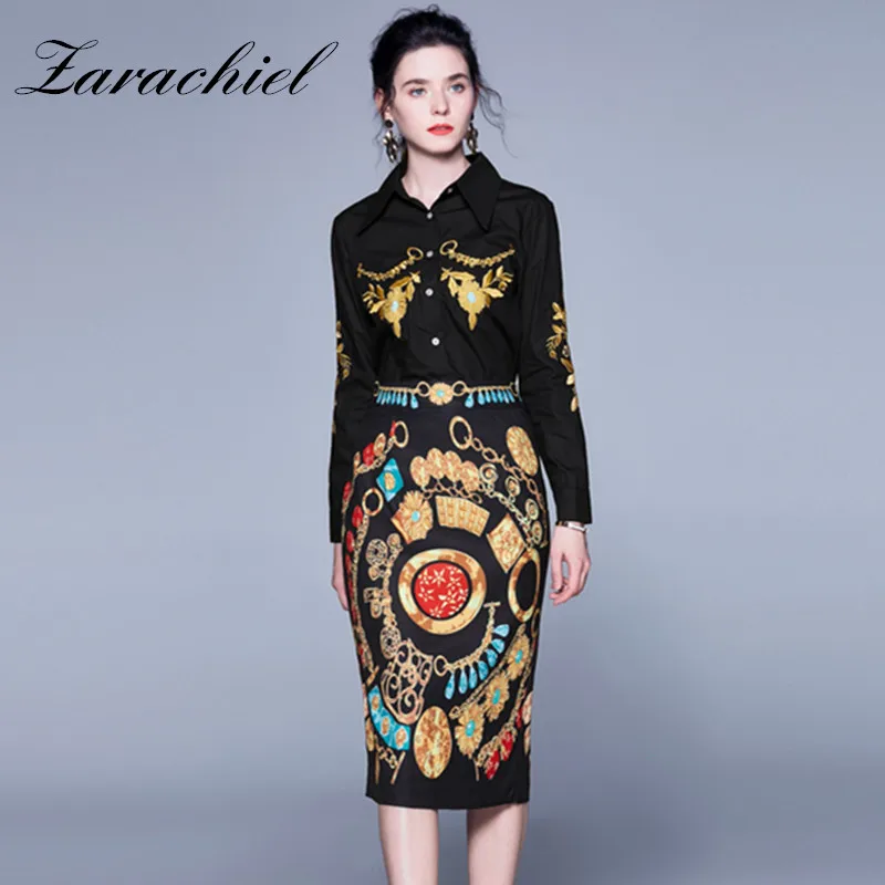 

Fashion Runway Suits Set 2019 Autumn Women Golden Flower Embroidery Black Blouse Shirts+Geometric Print Midi Skirts 2 Piece Set