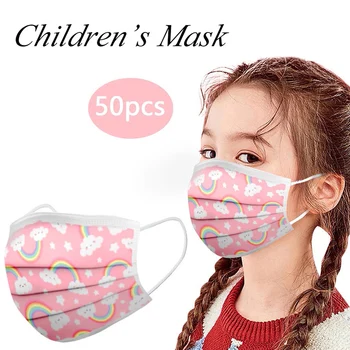 

50pcs Children's Mask 3 Layer Ply Filter Disposable Facemask Print Cartoon Dust Proof Breathable Ear Loop Mouth Cover Maschere