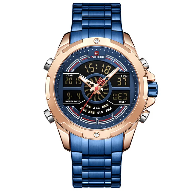 NAVIFORCE мужские часы Лидирующий бренд из нержавеющей стали мужские часы аналогово-цифровые кварцевые наручные часы мужские спортивные часы Relogio Masculino - Цвет: blue