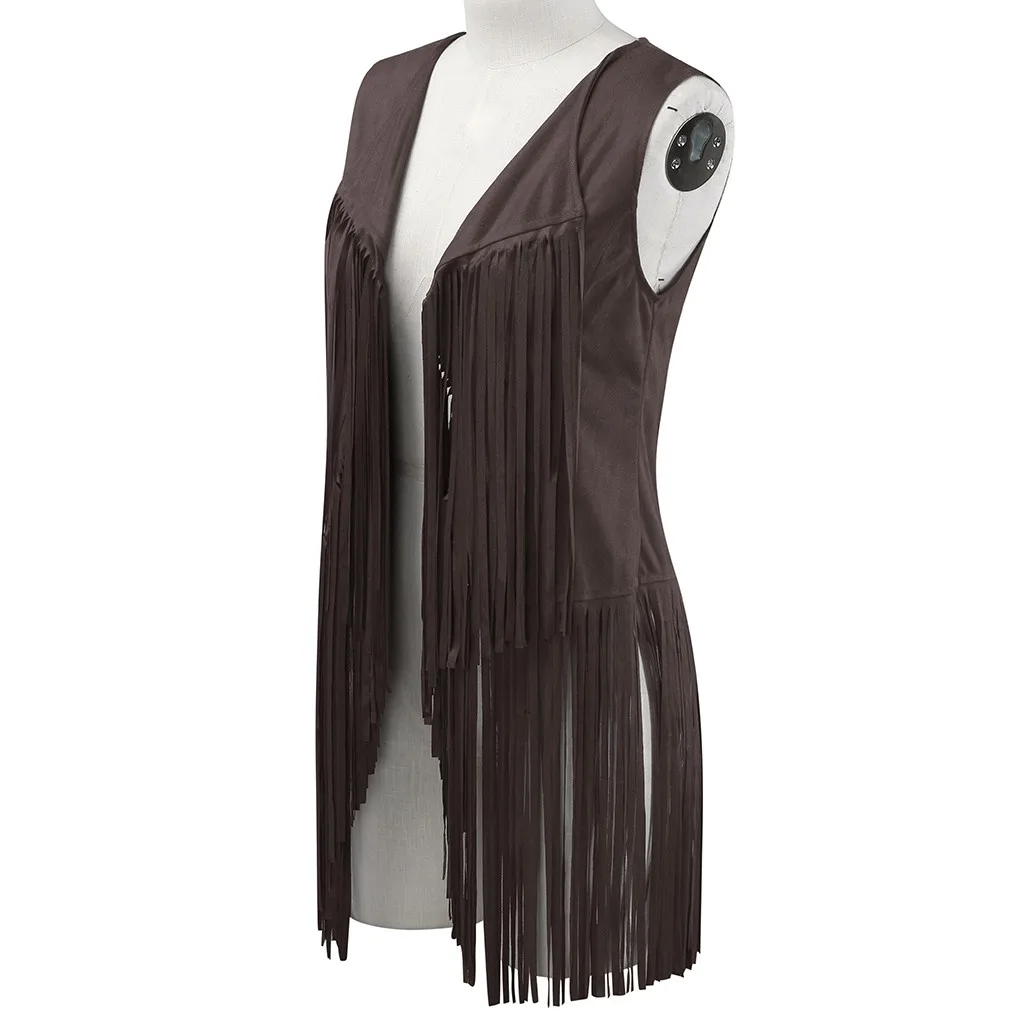 Women Autumn Winter Suede Ethnic Sleeveless Tassels Fringed Vest Cardigan