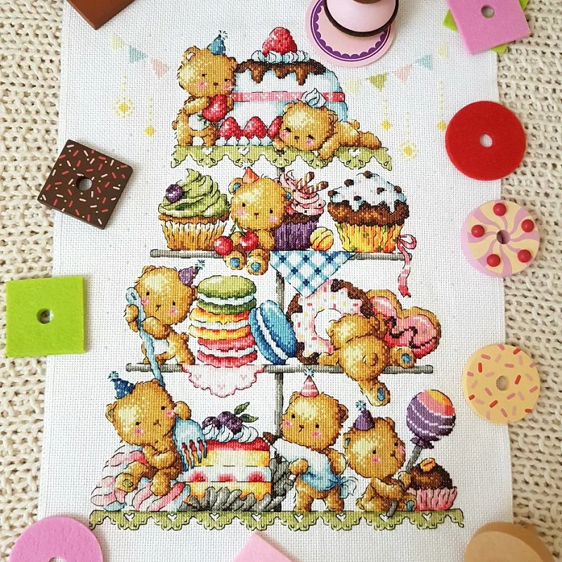 Making Cakes Cross Stitch Cartoon Bear Tower 18ct 14ct 11ct White Fabric Cotton Thread Embroidery DIY Handmade Needlework