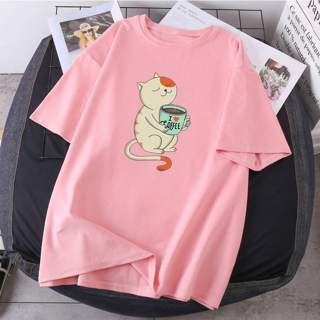 Love Cat Print O-neck 2021 T-shirts Woman Hip Hop Streetwear Tops Fashion High Quality Clothing Short Sleeve Tees K-pop Female