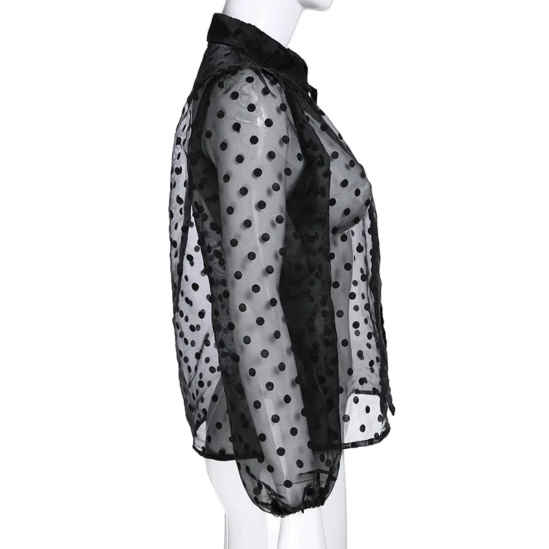 Yuqung женские прозрачные тюлевые топы с рукавами-фонариками блузки рубашка туника женская сетчатая Вуаль в горошек прозрачная блуза из органзы черная