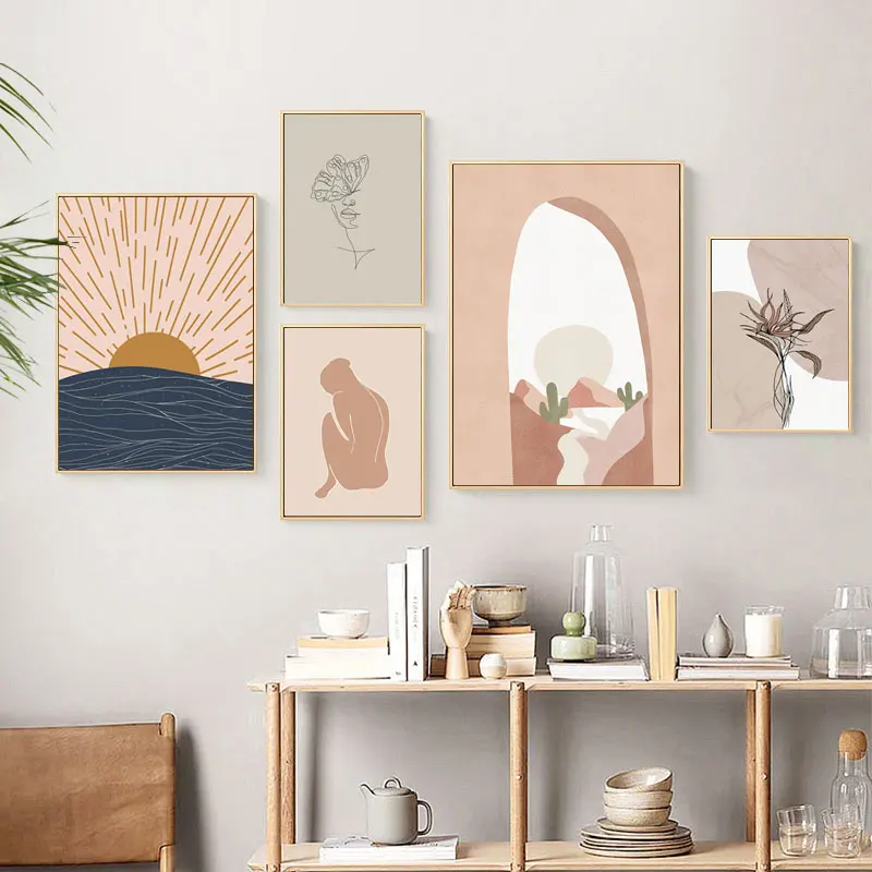 

Abstract Sun Wall Art Painting Boho Posters and Prints Flower Face Canvas Print Nude Woman Wall Pictures for Living Decor