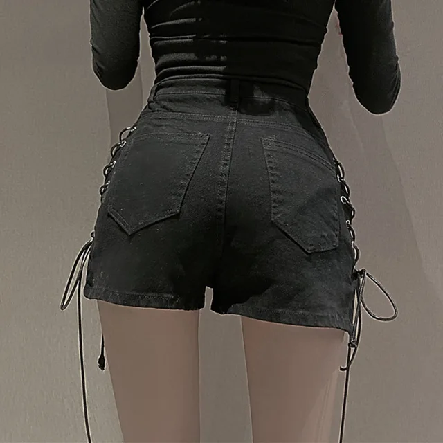 Rosetic Bandage Sexy Denim Shorts Women Streetwear Gothic Jeans Mini High Waist Lace Up Casual Zip Black Goth Club Fashion 2021 3