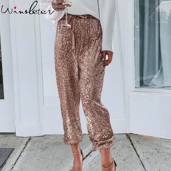 

Multi Color Trousers Women 2020 Casual Fashion Womens Drawstring Pants Spring Ladies Shiny Loose Straight Pants штаны B04522B