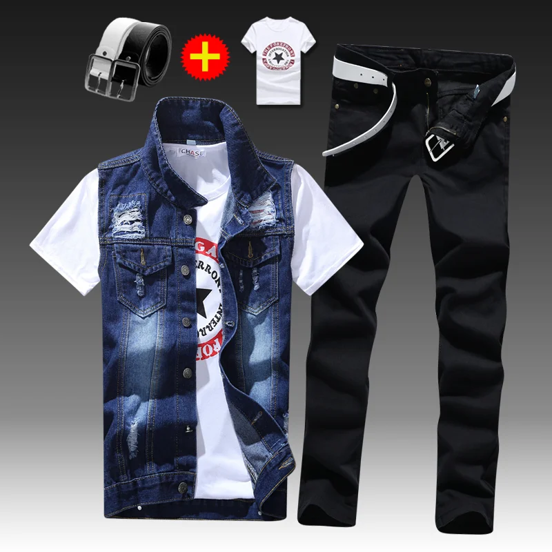 2021 New Thin Mens Vest Trousers 2pcs Set Denim Waistcoat Pencil Pants Casual Boys Slim Fit Single Breasted 5