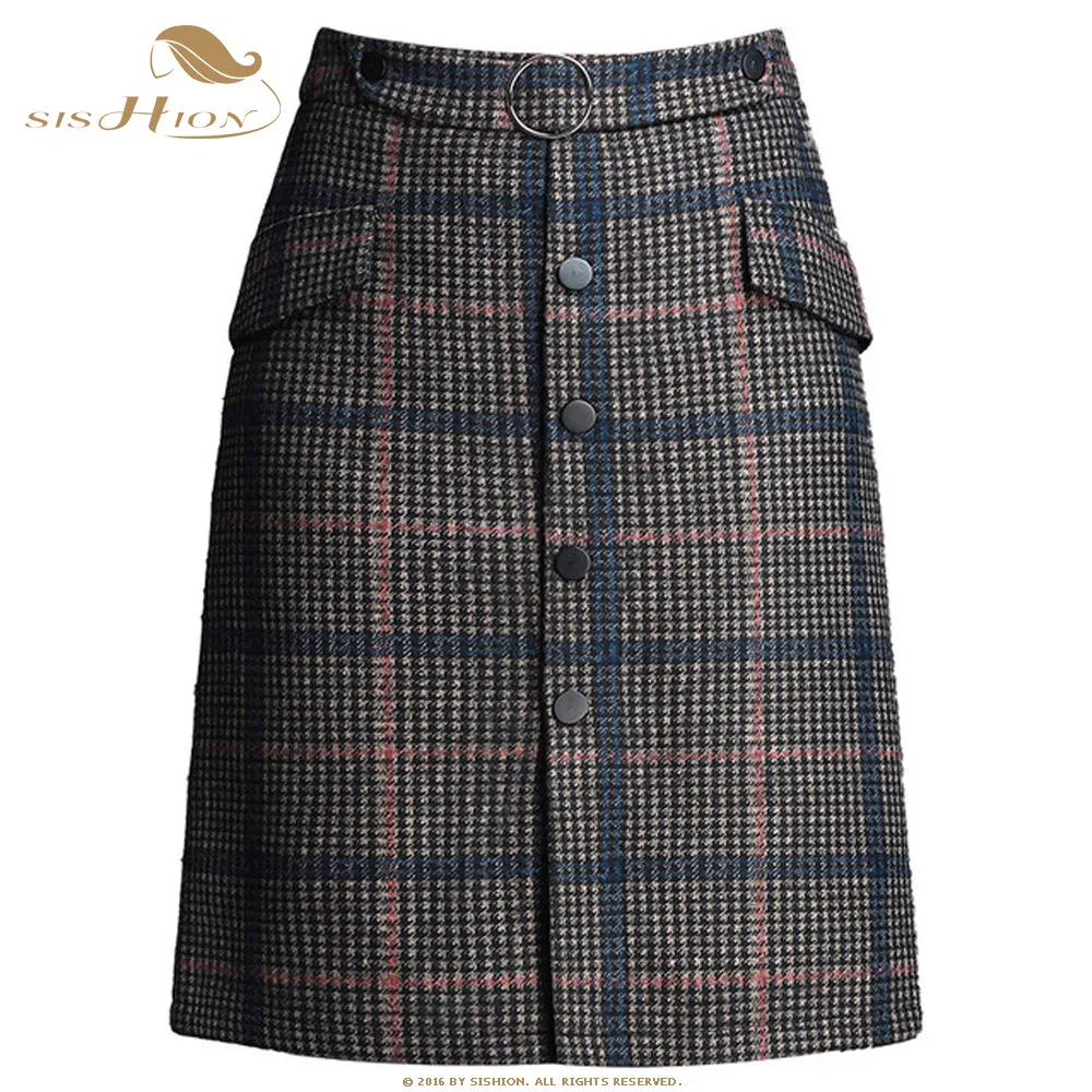 SISHION Autumn and winter woolen plaid pencil skirt female new Korean fashion button up wild casual Plus Size skirt SP651