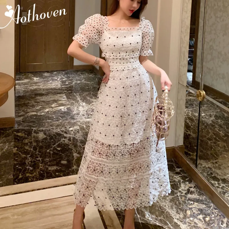 

2019 Summer Sexy Party Bodycon Lace Dresses Women Square Collar Short Puff Sleeve Dresses Vintage Bandage High-End Elegant Dress