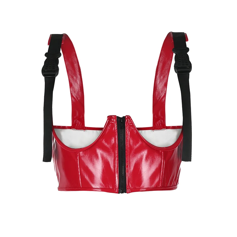 Darlingaga Streetwear Punk PU Leather Crop Top Women Buckle Zipper Gothic Tank Top Suspenders Strap Summer Tops Camisole Clothes