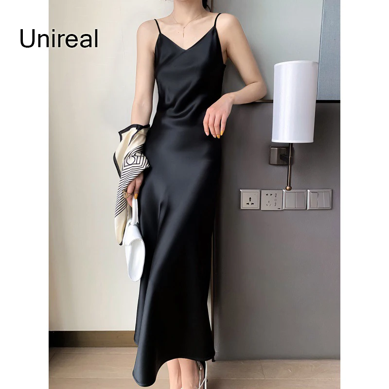 

Unireal 2022 Summer Women Black Party Dress Maxi Basic Dresses Sleeveless Sexy Long Satin Slip Dress