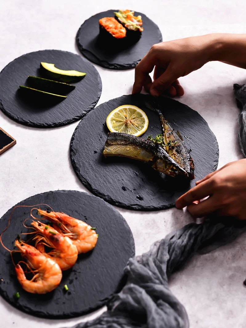 Plate Japanese creative black sushi plate pizza cake baking plate rock plate Western tableware steak plate